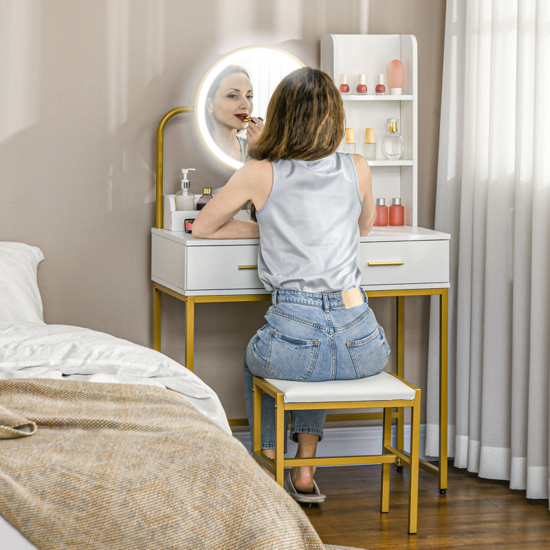 Ensemble de coiffeuse et tabouret de maquillage avec miroir, tiroir, blanc