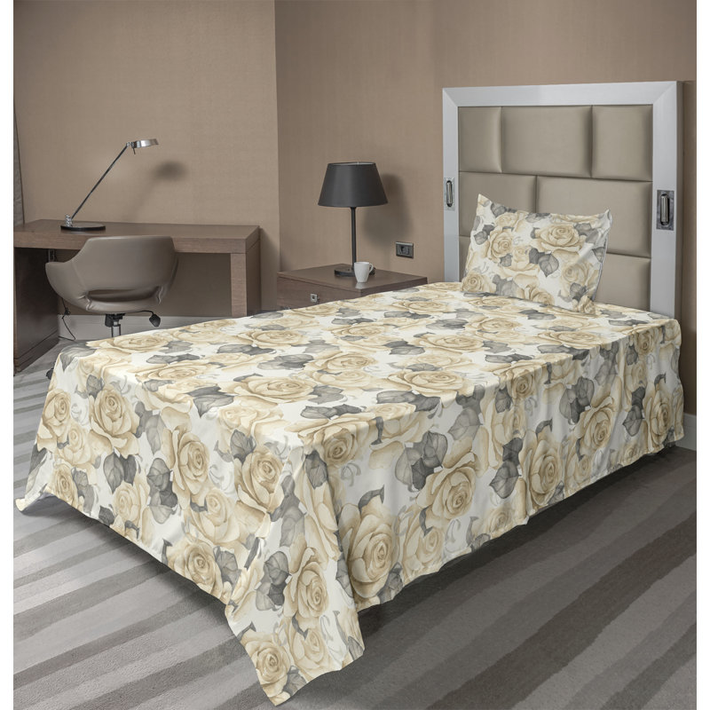 Ambesonne Watercolor Botany Sheet Set 4 Pcs Retro Boho Bloom, Pale Peach Pale Gray Dust Floral