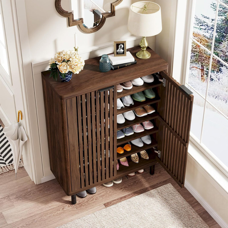 Modern 6-Tier Shoe Cabinet With Louvered Doors,  For Organized And Stylish Storage Solutions, Dark Walnut