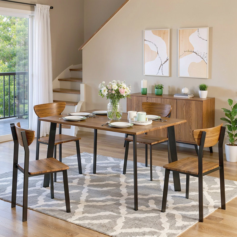 Dining Table Set For 4, Rectangular Dinning Room Table & 4 Curved Chairs With Moon-Shaped Backrest, Modern 5 Piece Kitchen Table And Chairs Set For Living Room, Breakfast Nook, Small Spaces