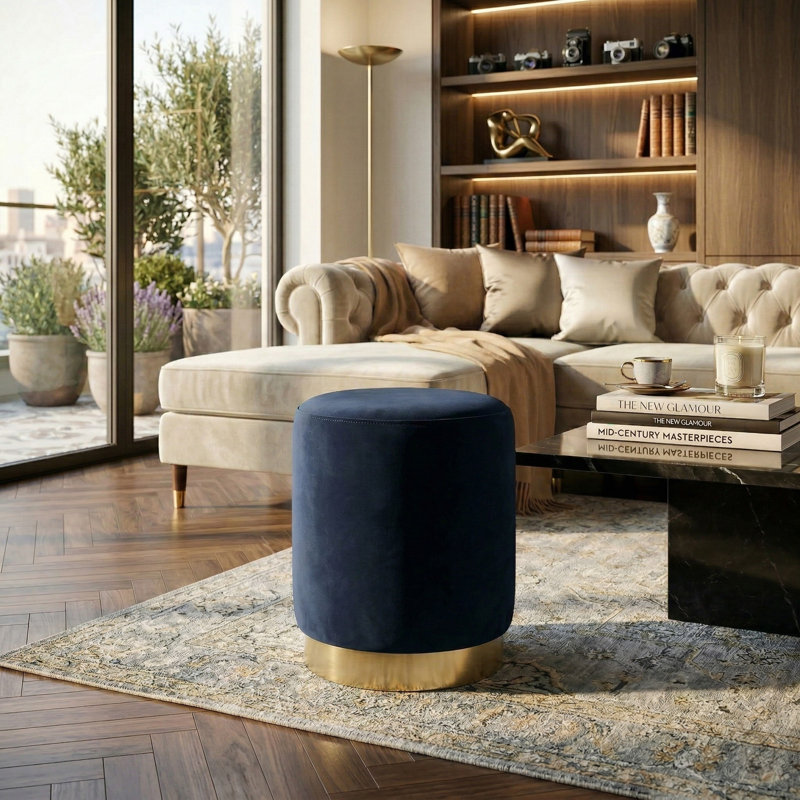 Skye Velvet Ottoman, Navy