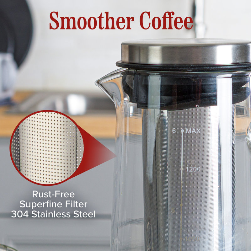 Cold Brew Coffee Maker Pitcher - 1.4L/48oz Glass Carafe with Lid and Spout and Removable Stainless Steel Filter - Cold Brew Maker and Iced Tea Pitcher for Fridge by Classic Cuisine