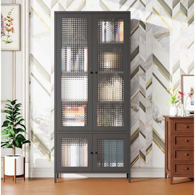Grande armoire de rangement en métal avec 4 portes en verre et 5 tablettes latérales avec armoire et armoire autoportante pour la chambre à coucher, le salon, le garde-manger et le bureau - Noir, verre trempé gaufré