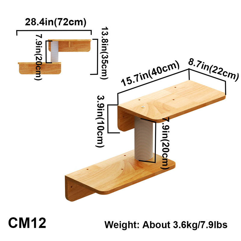Solid Wood Double-Level Wall Mounted Cat Perch with Sisal Post