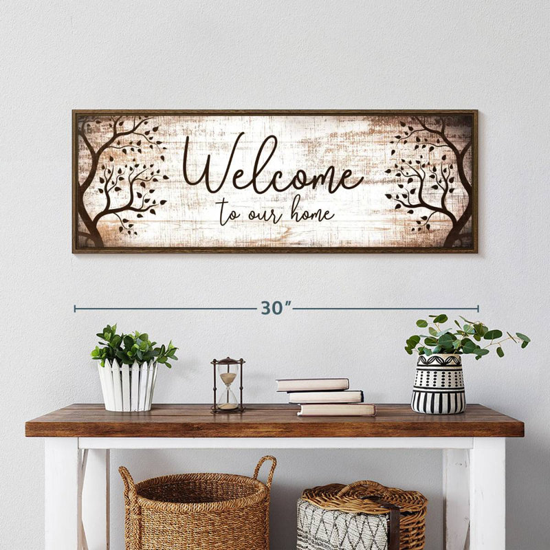 Bienvenue chez nous, typographie I, 31 po x 11 po, Cadre flottant noyer