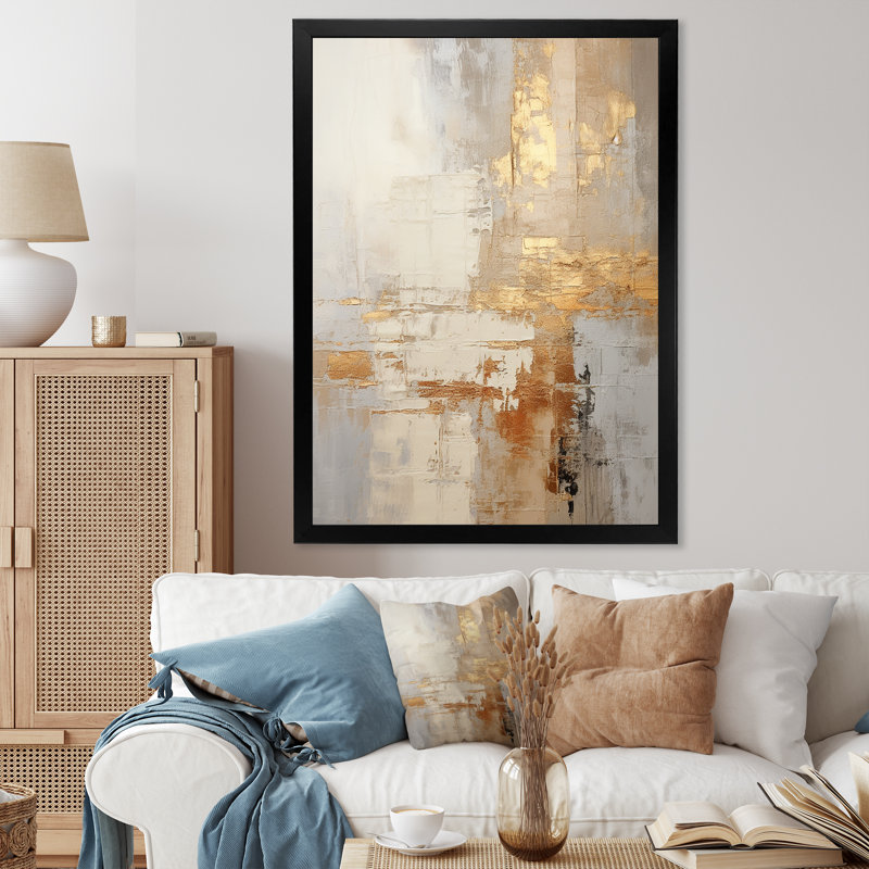 Or et blanc abstrait divisé - formes abstraites, impression sur toile, H 32 po x l 24 po x P 1 po, Cadre simple noir