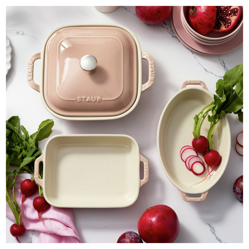 Staub Ceramic 4-Pc Baking Pans Set, Casserole Dish With Lid, Brownie Pan, Citron, Light Pink