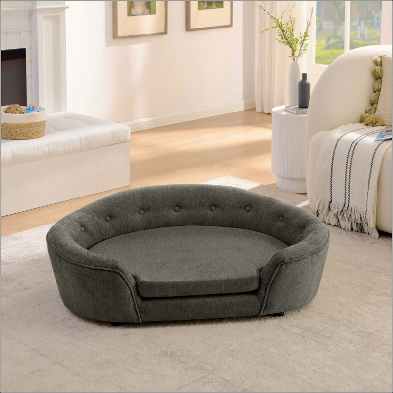 Canapé pour chien semi-fermé surdimensionné ovale surdimensionné - Matériau en lin durable, dossier capitonné, support central haut-bas et confort moelleux