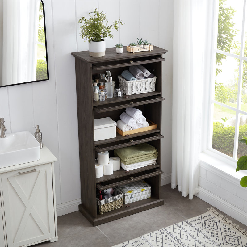 Glass Display Cabinet 4 Tier Glass Display Cabinet Storage Curio Cabinet With Flip Up Glass Doors, Brown