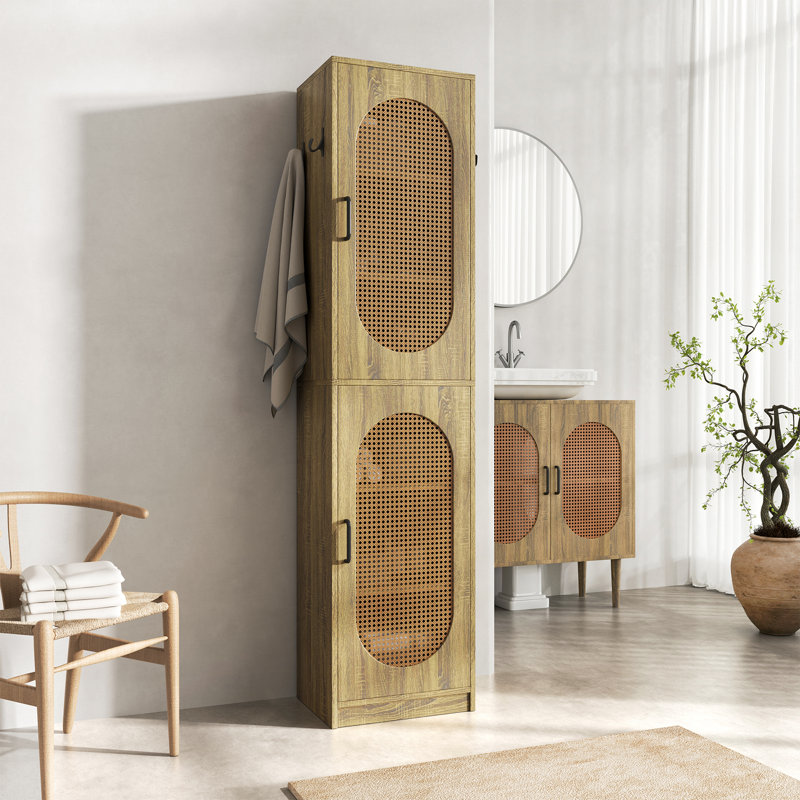 66-Inch Bathroom Storage Cabinet With 2 Rattan Doors For Toilet, Tall Narrow Bath Room Cabinets