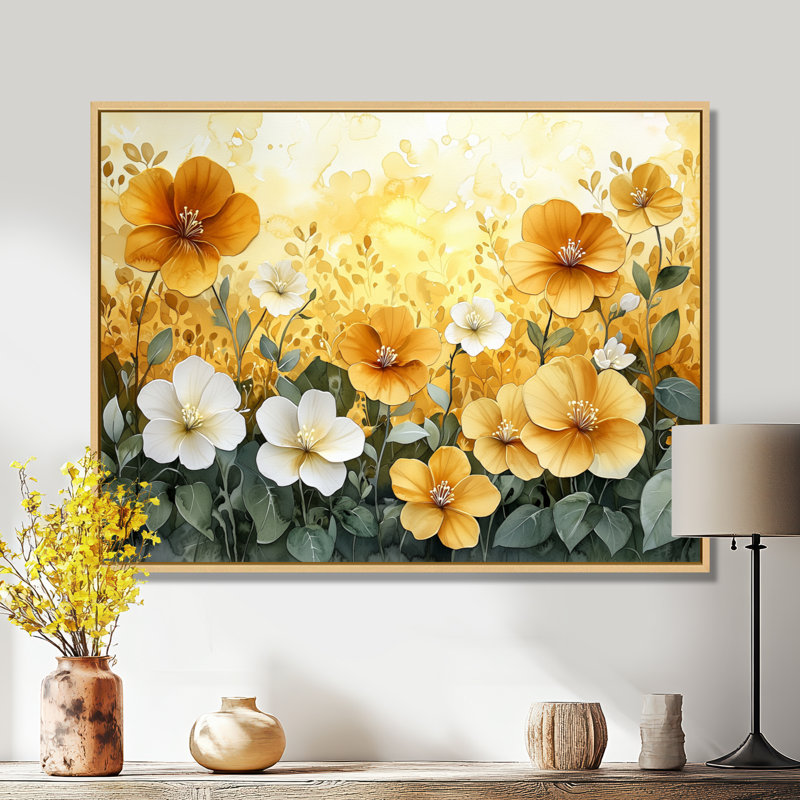 Été lueur dorée d'hibiscus II - art mural d'hibiscus pour le salon, H 16 po x l 32 po, Impression encadrée flottante