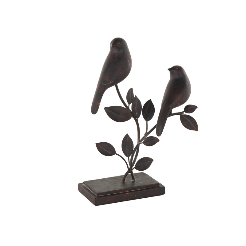 Cole And Grey Polystone Perching Bird Decorative Sculpture With Leaf Vines And Copper Shading