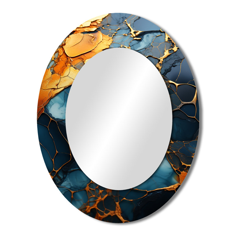 Agate topaze dorée et verte granit III - miroir décoratif ovale abstrait sur métal, H 43 po x l 33 po