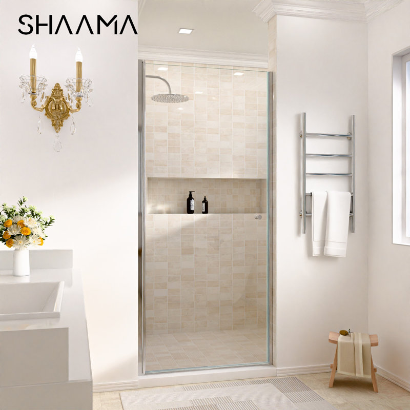 34 In. W X 72 In. H Space Saving Pivot Semi-Frameless Swing Shower Door In 1/4 In. Clear Tempered Glass, Chrome