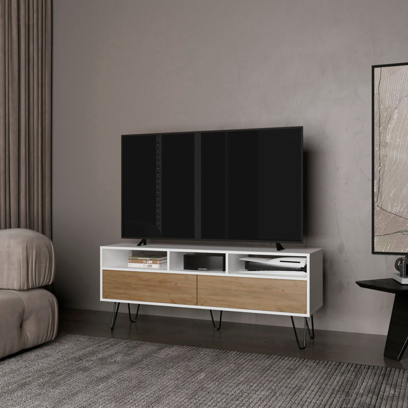 Glenns Ferry Light Oak And White TV Stand With Sleek Hairpin Legs For Minimalist Living Rooms