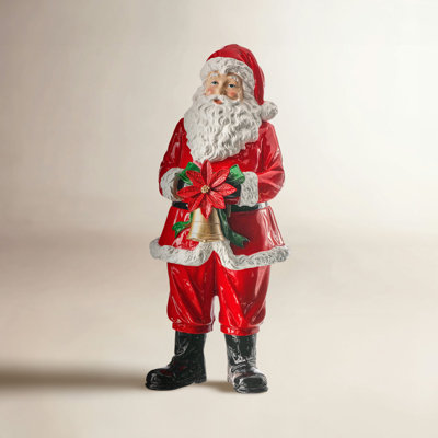 15" Resin Santa With Bell and Poinsettia