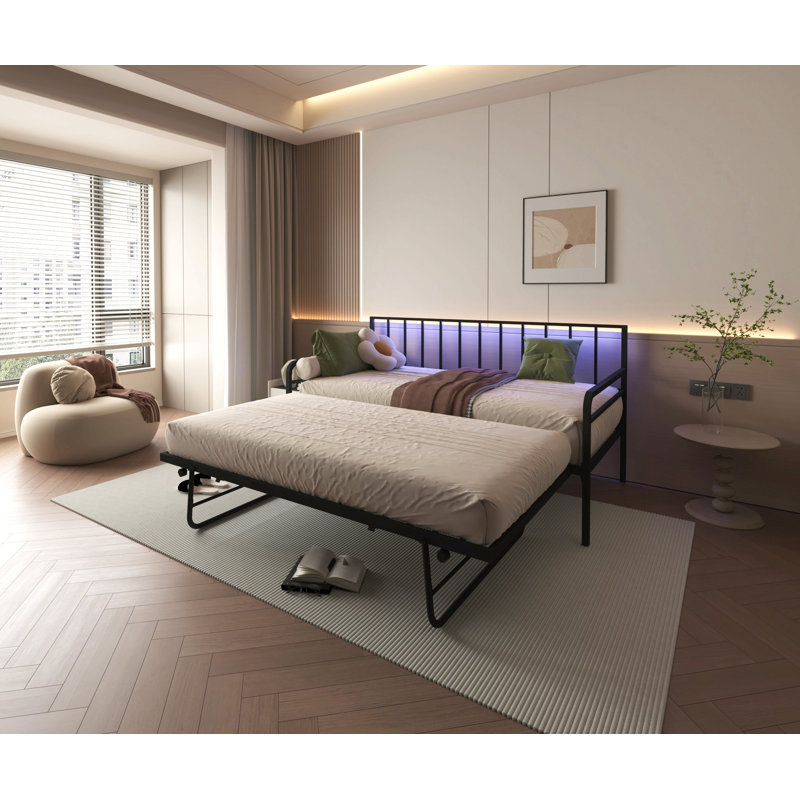 Twin Daybed With Rgb Led Lights & Charging Station, Height Adjustable Day Bed Frame With Trundle, Versatile Metal Sofa Bed Frame For Bedroom, Living Room, Guest Room, Black