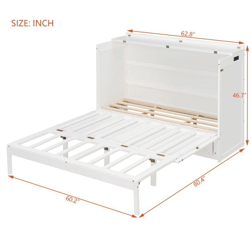 Queen Lower Profile Vertical Murphy Bed Cabinet With Storage Drawers, Charging Station And Safety Lock, White