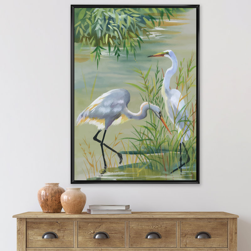 Heron Birds I - reproduction sur toile, Toile avec cadre noir, H 32 po x l 16 po x P 1 po