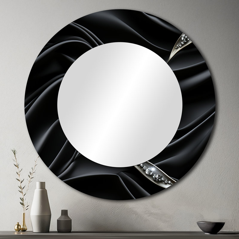 Deep Black Silver Elegance - grand miroir abstrait, décor de miroir mural rond unique moderne, impression d'art en métal