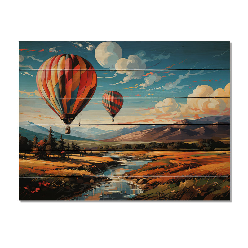«Orange Hot Air Ballon Bold Landscape I» sur impression sur bois, H 24 po x l 32 po x P 0,78 po