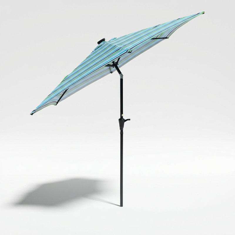Grand parasol de patio extérieur avec éclairage DEL solaire et fonction d'inclinaison à bouton-poussoir, Rayures bleues