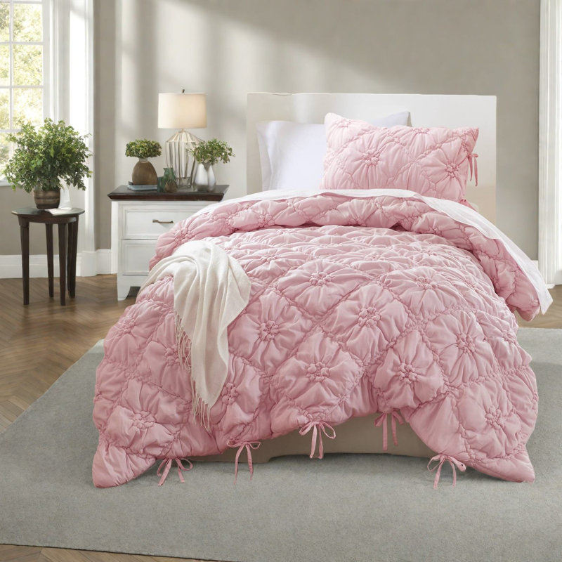 Ensembles de literie à motif floral rose doux, édredon simple en microfibre avec motif confortable toutes saisons