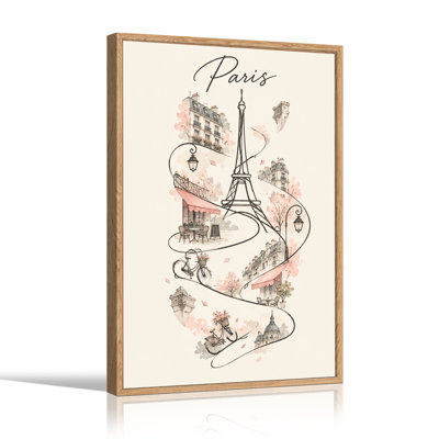 Paris Eiffel Tower and Bicycles in Pink Sketch Canvas Wall Art