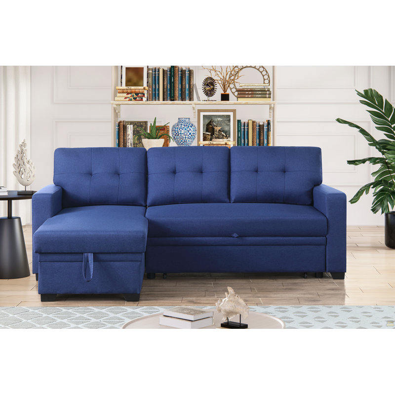 Canapé modulaire convertible rembourré avec méridienne coulissante, Lin bleu, Face à la droite