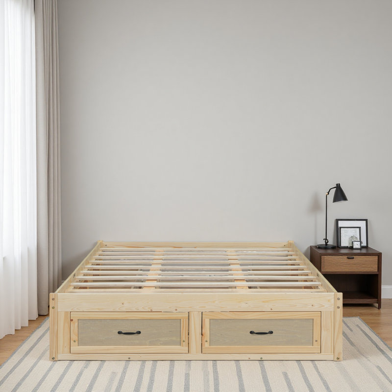 Lit plateforme avec 6 tiroirs de rangement, Naturel antique, Grand lit