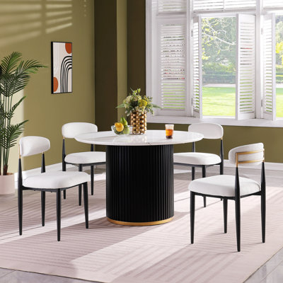 Round Dining Table Set, Faux Marble Top With Metal Basefor Small Kitchen, Dining Area