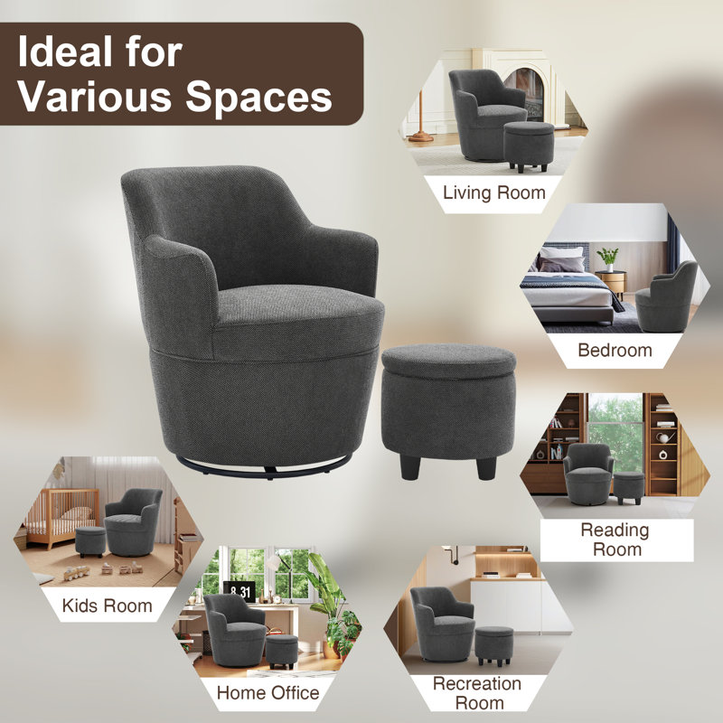 360 Modern Swivel Barrel Chair with Ottoman, Dark Gray