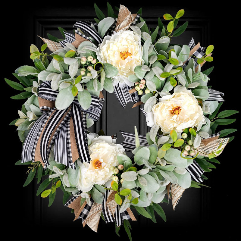 Couronne d'agneau d'agneau pour porte d'entrée toute l'année avec couronne de pivoines Buffalo Bow Farmhouse