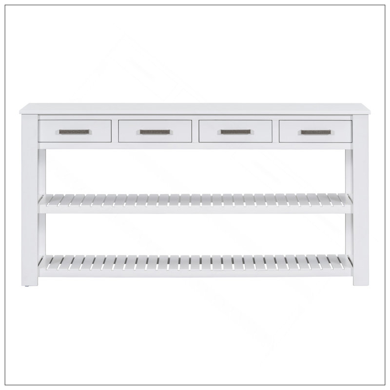 Élégante console avec 4 tiroirs et 2 tablettes, idéale pour les vestibules et les salons., Blanc