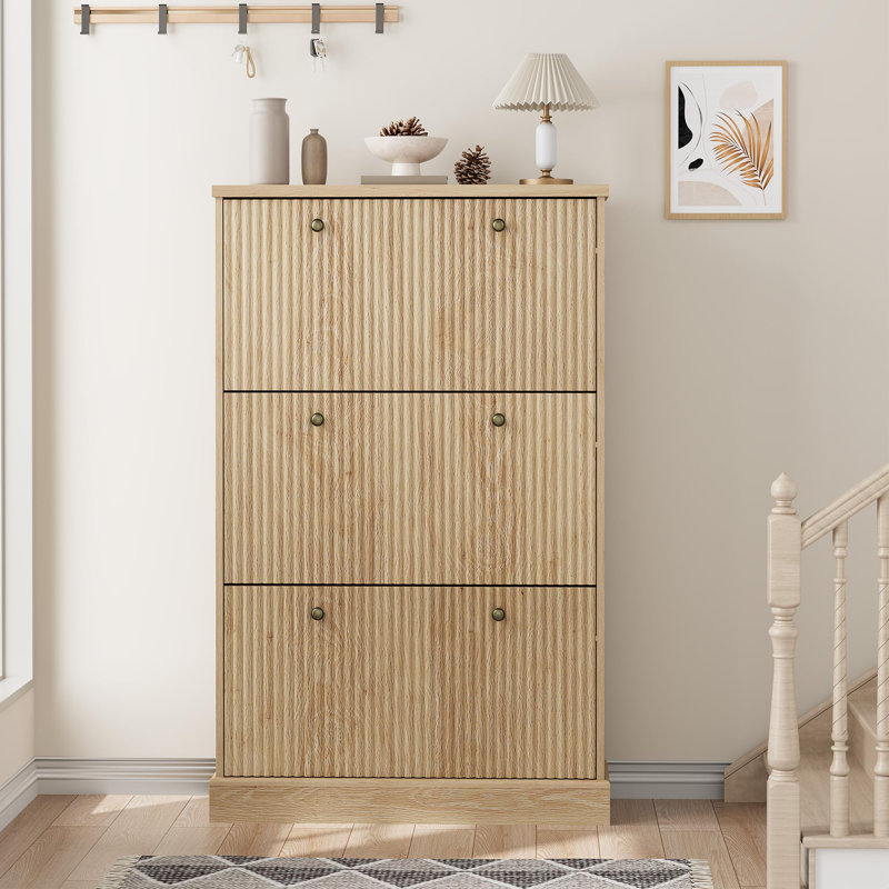 Modern Narrow Wave Shoe Cabinet with 3 Flip Drawers – Adjustable Shelves, Wooden Freestanding Organizer for Entryway, Living Room, Hallway (Natural Oak)
