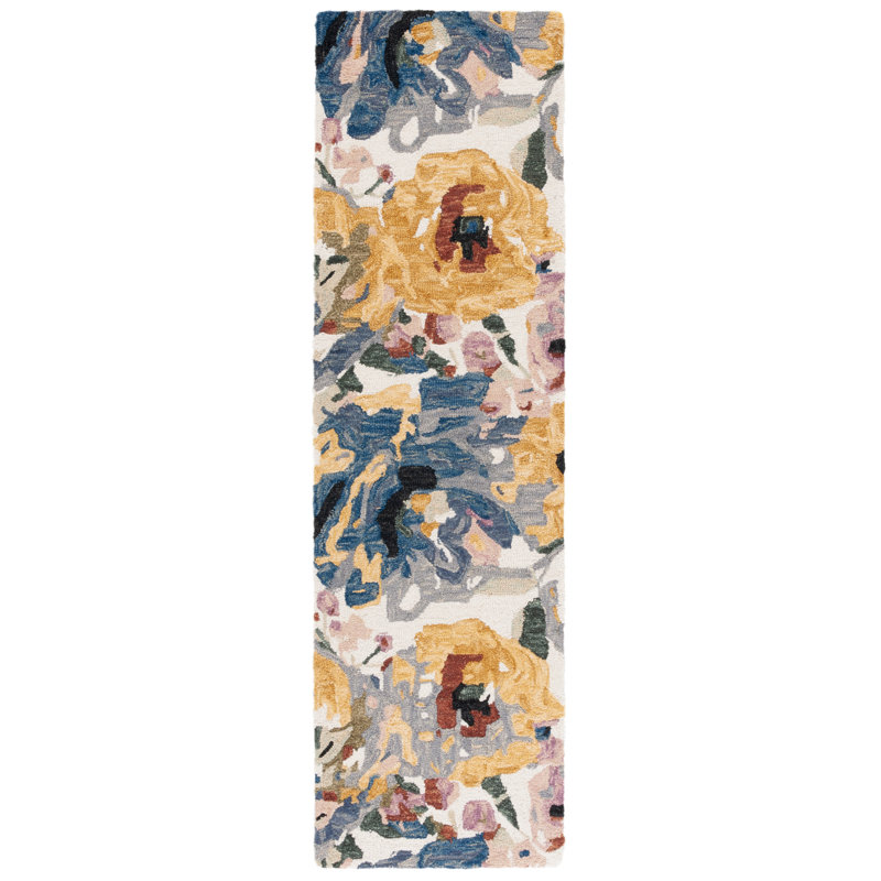Ivory and Pink Floral Hand-Tufted Wool Runner Rug