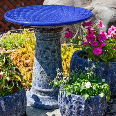 Rennes Lava Finish Ceramic Bird Bath - 23 in (58.4 cm) - Dark Blue Distressed Ceramic
