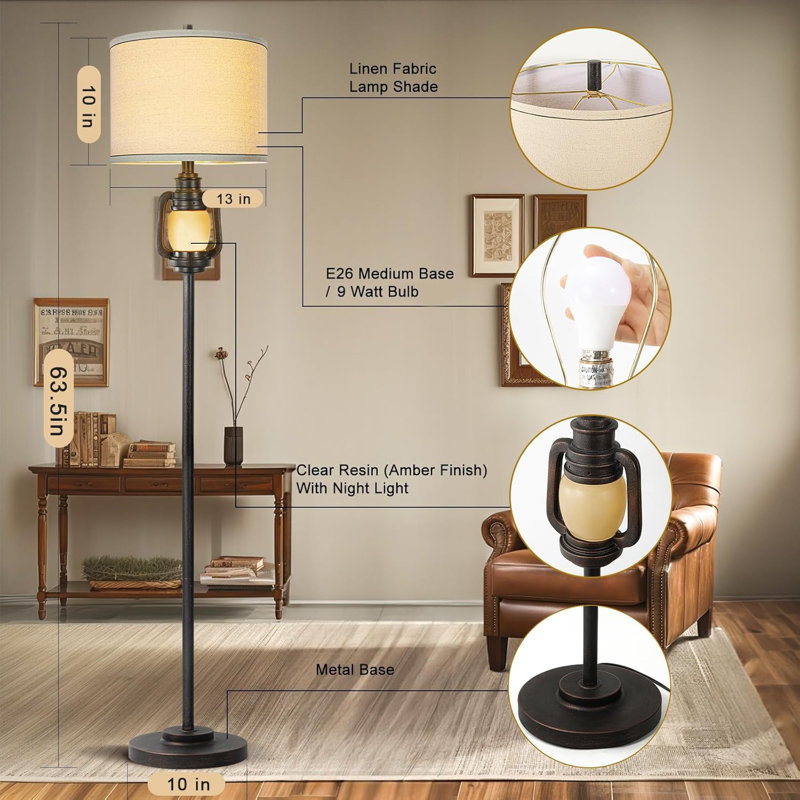 Floor Lamp For Living Room Vintage Standing Lamp With Linen Fabric Hardback Shade Industrial Tall Lamp With Night Light Decor For Living Room, Bedroom,Study, Home Office (Bulb Included)
