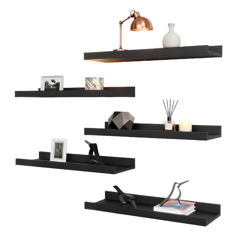 5 Set Black Floating Shelves 15.6X5.6 Inch, Wall Mounted Picture Ledge Shelves With Lip, Modern Storage Shelves For Nursery Bedroom Bathroom Living Room, 20Lb Capacity