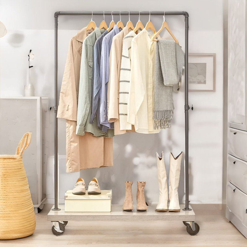 Industrial Garment Rail On Wheels Rustic Brown Bedroom Furniture Clothes Rack