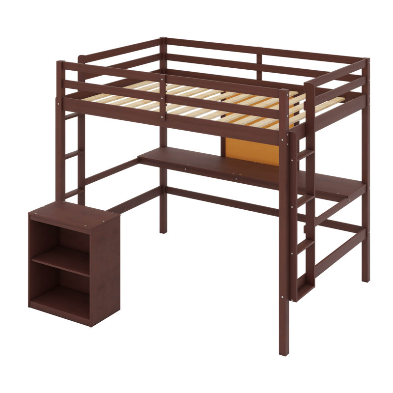 Lit mezzanine en bois double avec bureau, tableau d'écriture et armoire à 2 tiroirs Justion, Espresso