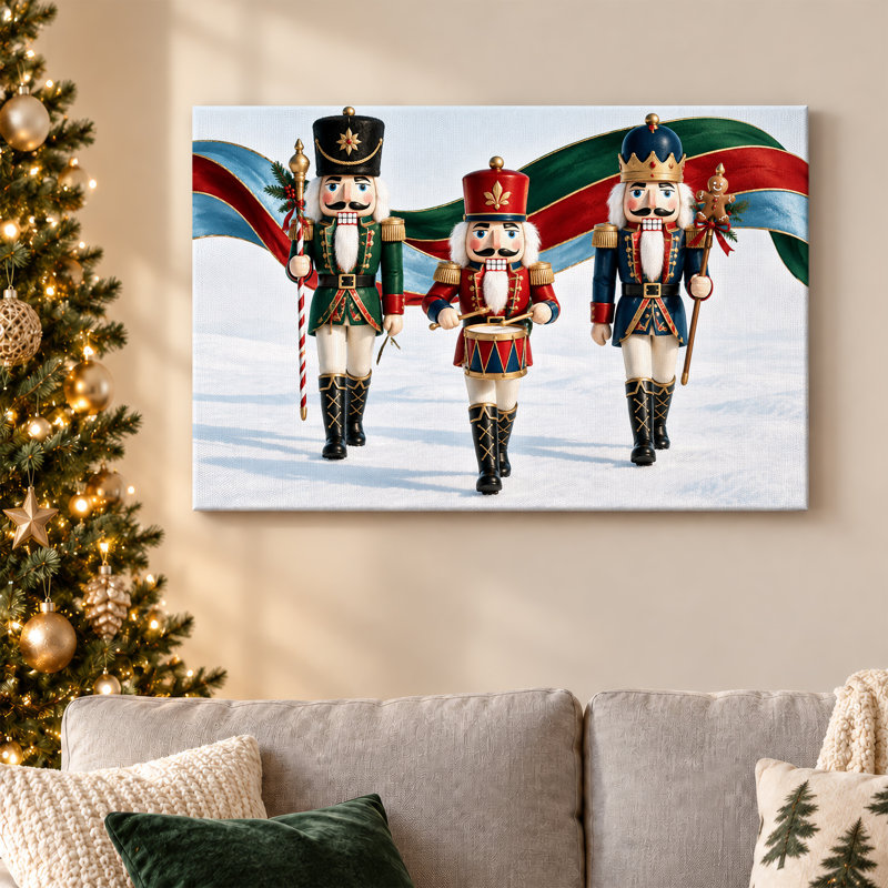 Art mural sur toile, "Trois casse-noisettes colorés dans la neige", H 20 po x l 30 po