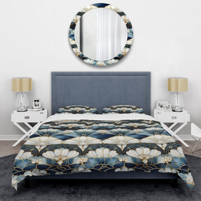 1970S Blue And White Damask Art Deco Floral Duvet Cover