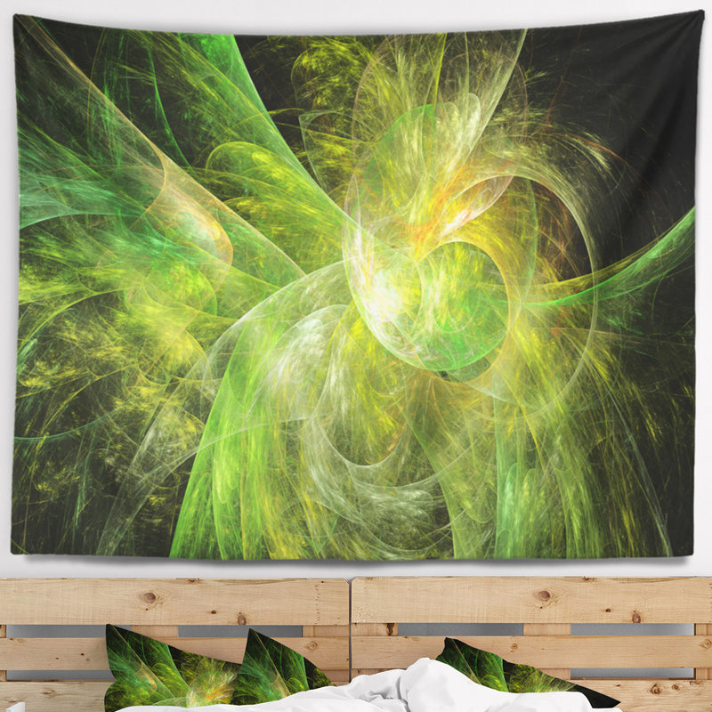 Illustration abstraite verte sur tapisserie fractale noire, H 78 po x l 92 po