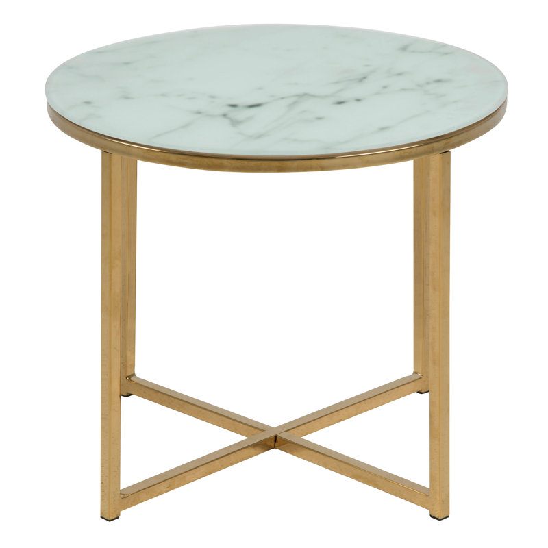 Alisma Round Side Table with Crystal Clear Marble Glass Top & Gold Legs, White/Gold