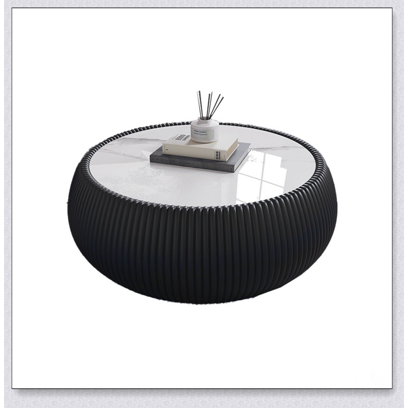 Table basse en cuir clair en forme de tambour pour des meubles de salon modernes, durables et élégants, Noir