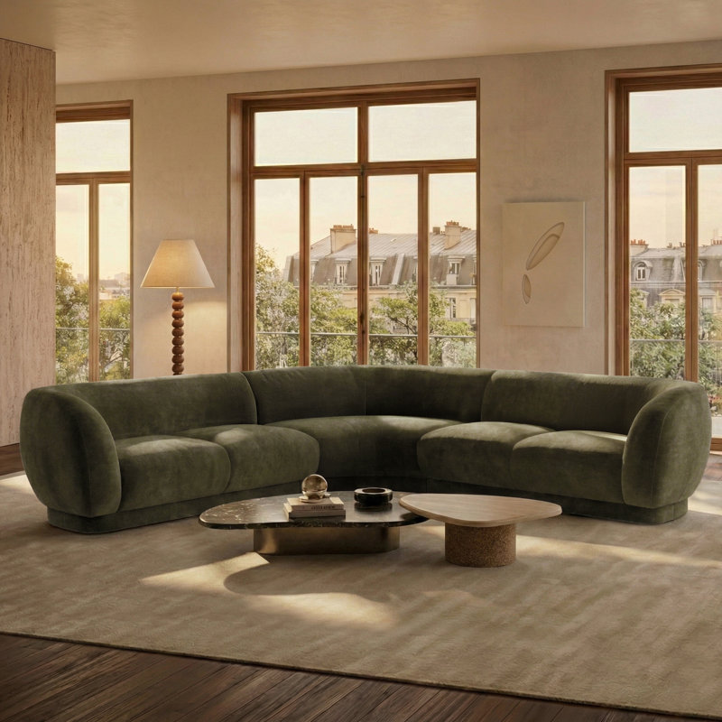 Canapé modulaire en L en chenille 3 pièces Balvano, Chenille / velours vert lume