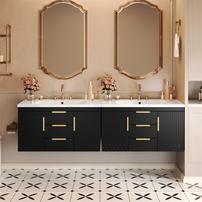Wall Mounted Bathroom Vanity Floating Bathroom Storage Cabinet With Resin Sink, 2 Drawers, And 2 Doors, White