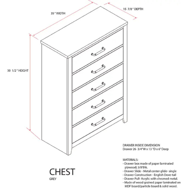 Commode 5 tiroirs pour chambre à coucher Garrelda