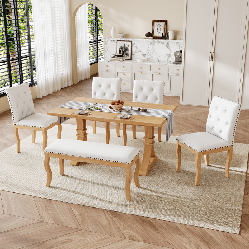 Ensemble de salle à manger 6 pièces, table de salle à manger rectangulaire et 4 chaises et banc rembourrés, plateau en placage de chêne, piédestal double, salle à manger de style Mid-Century moderne